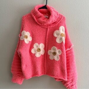 POL Floral Print Berber Sweater With Flowers Embroidered In Coral Color Sz S NEW